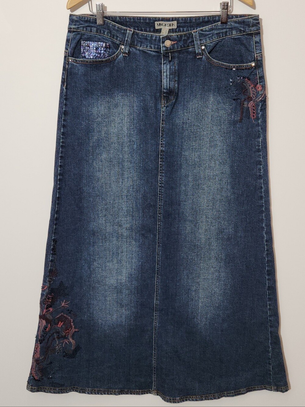 MANGO JEANS Denim Maxi‎ Skirt with Embroidered Detail - Dark Blue